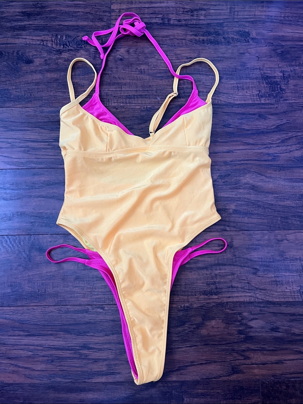 SHEIN Yellow One-Piece Swimsuit with Hot Pink Lining